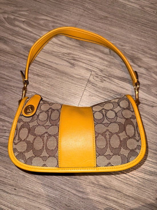 Coach Brown Signature Canvas Shoulder Bag with Yellow Trim